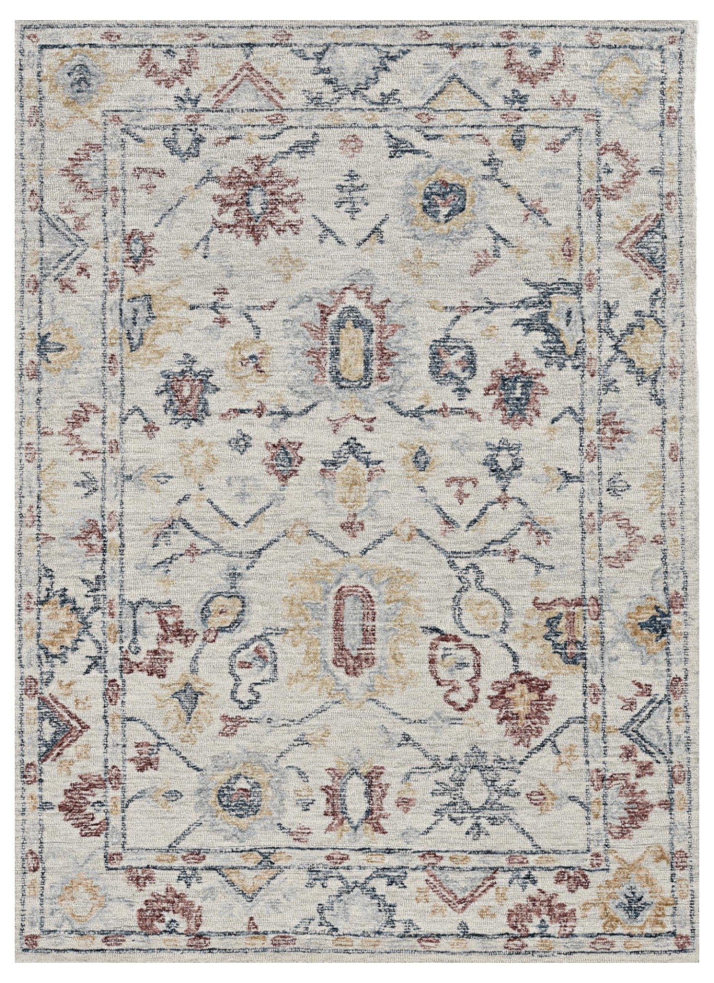 8' Ivory Gray And Red Wool Medallion Hand Tufted Runner Rug-Area Rugs-DECOROLALA