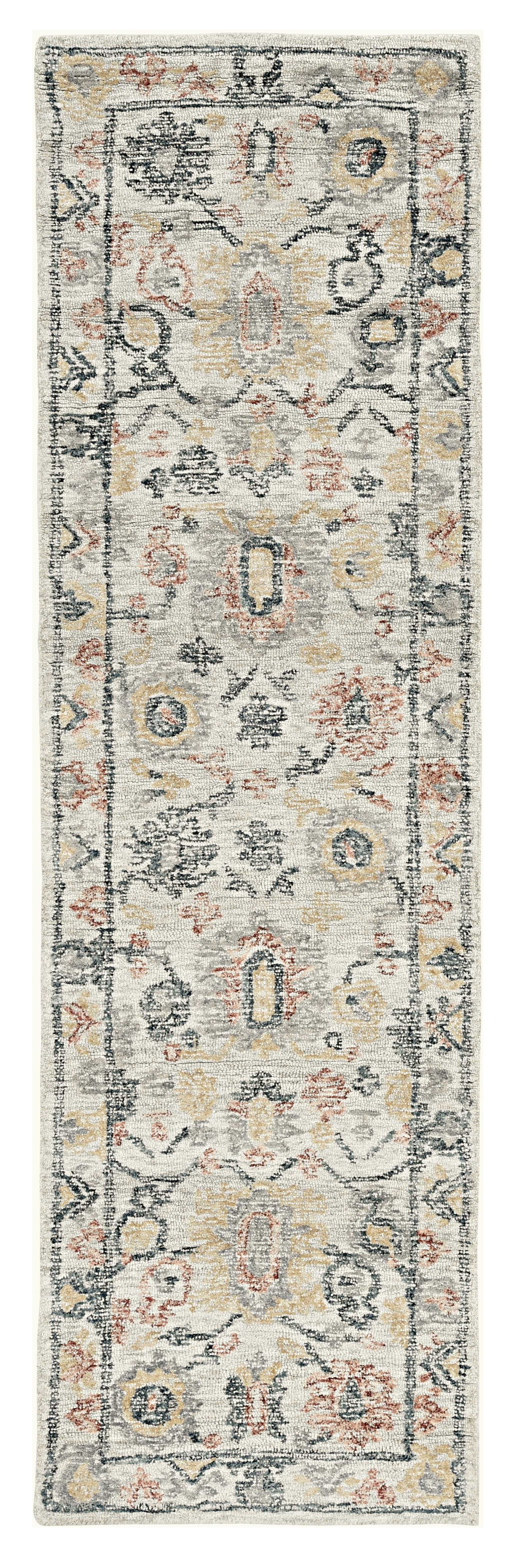 8' Ivory Gray And Red Wool Medallion Hand Tufted Runner Rug-Area Rugs-DECOROLALA
