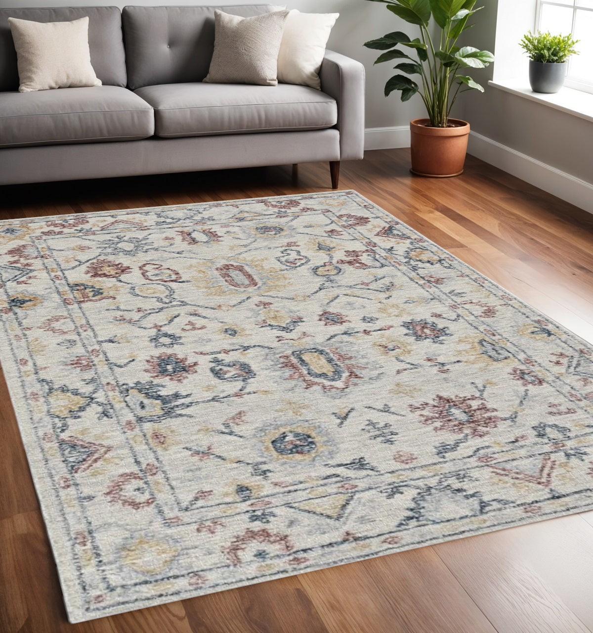 8' Ivory Gray And Red Wool Medallion Hand Tufted Runner Rug-Area Rugs-DECOROLALA