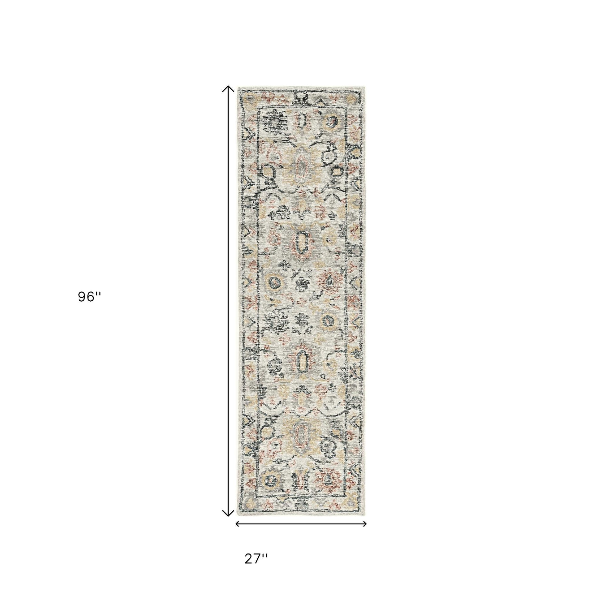 8' Ivory Gray And Red Wool Medallion Hand Tufted Runner Rug-Area Rugs-DECOROLALA