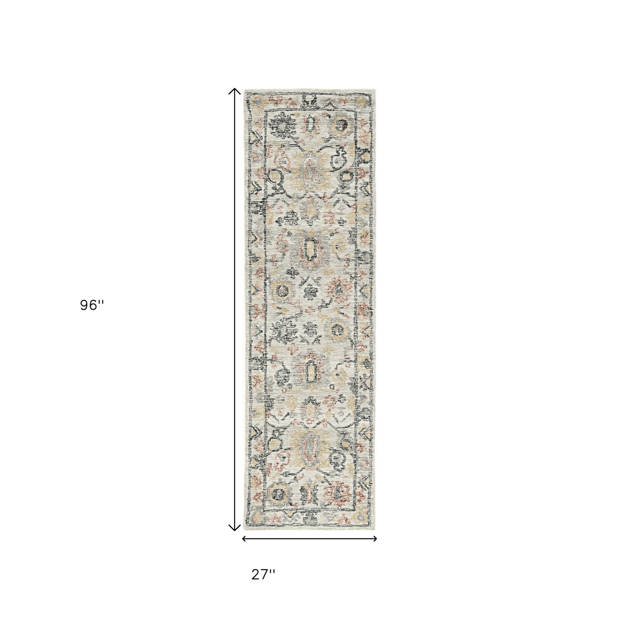 8' Ivory Gray And Red Wool Medallion Hand Tufted Runner Rug-Area Rugs-DECOROLALA