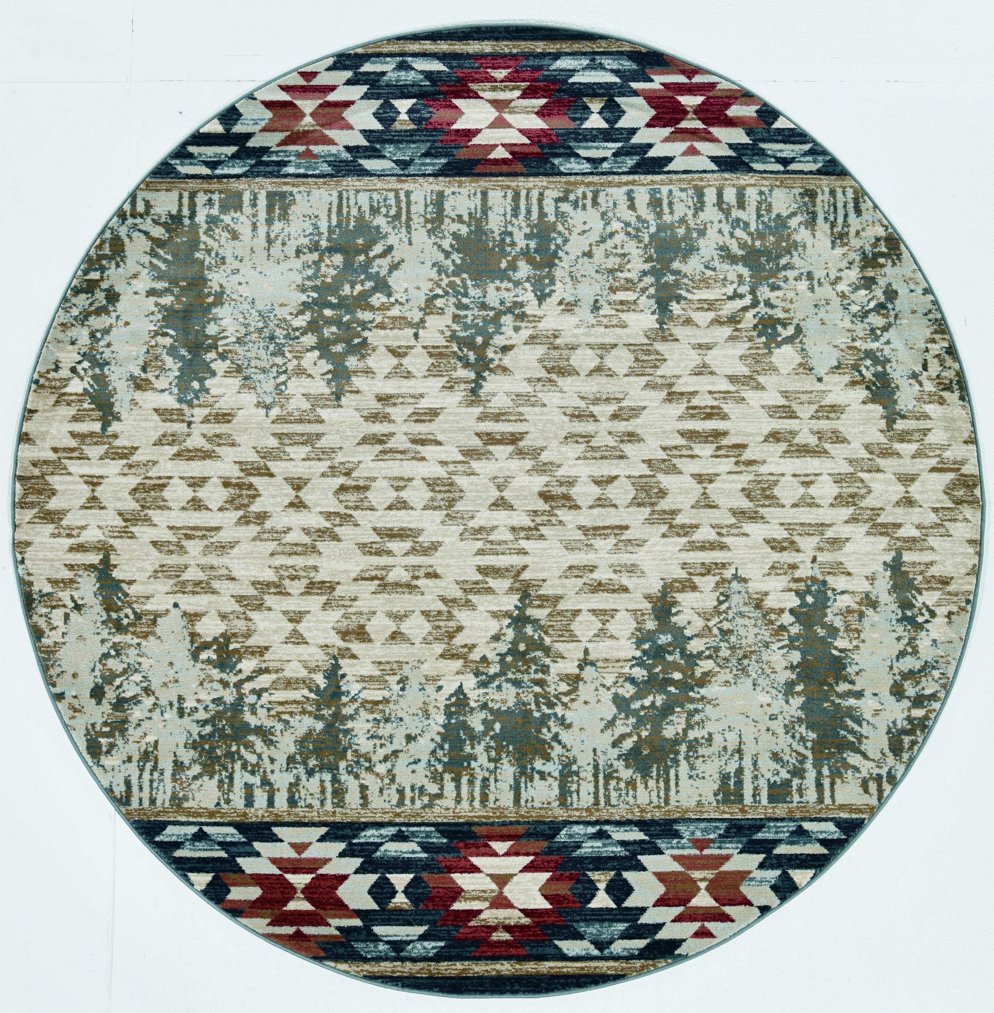 8' Ivory Green And Red Southwestern Round Rug-Area Rugs-DECOROLALA