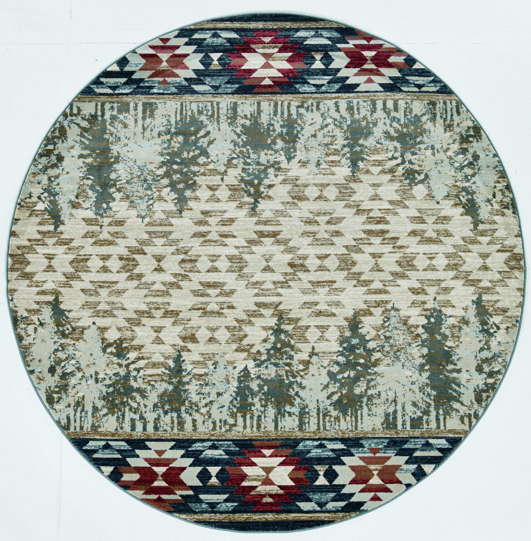 8' Ivory Green And Red Southwestern Round Rug-Area Rugs-DECOROLALA