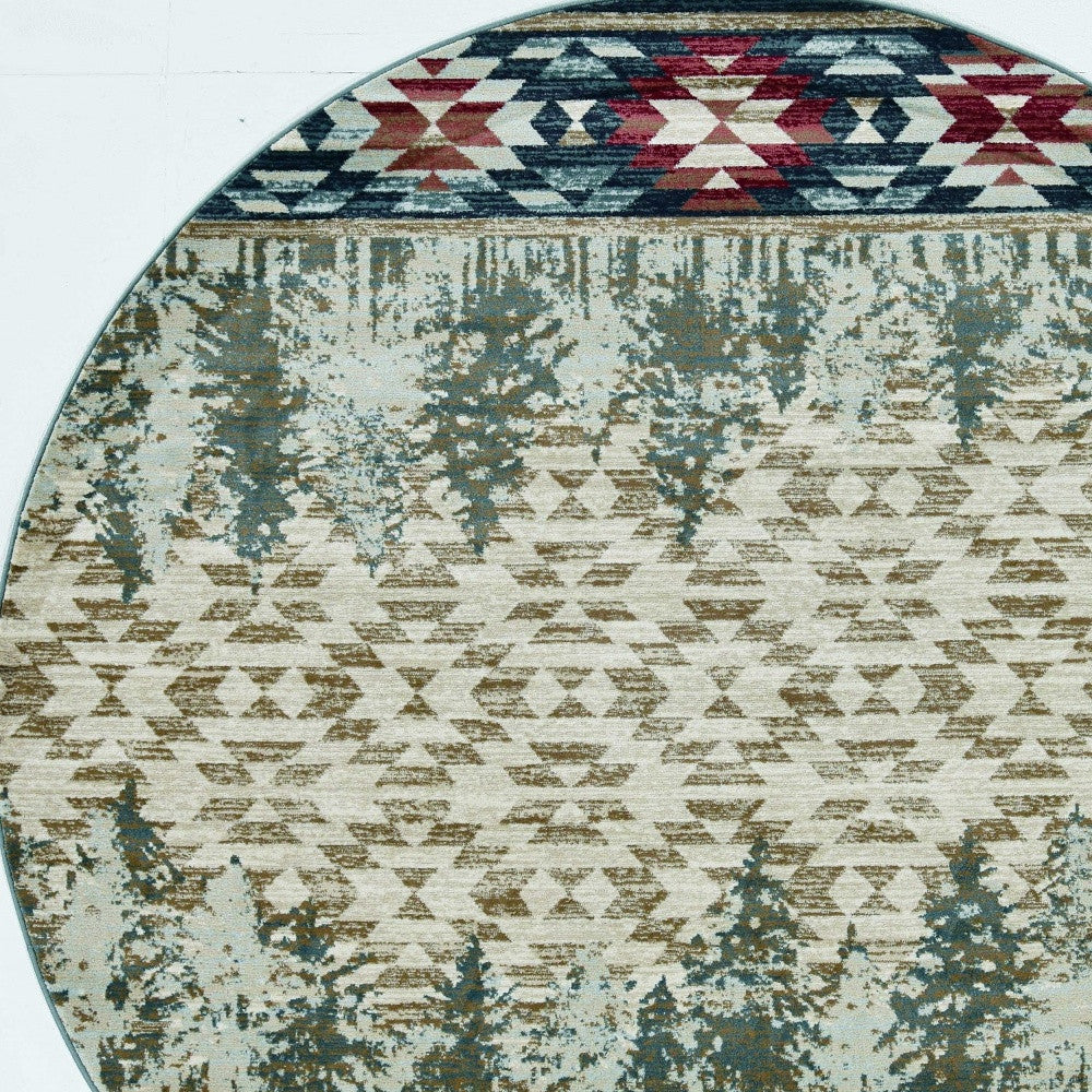 8' Ivory Green And Red Southwestern Round Rug-Area Rugs-DECOROLALA