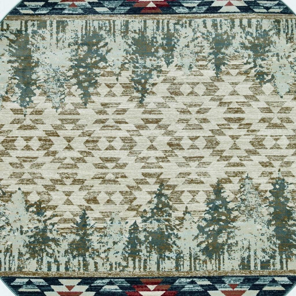 8' Ivory Green And Red Southwestern Round Rug-Area Rugs-DECOROLALA