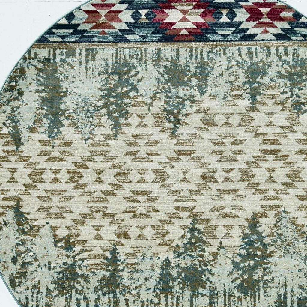 8' Ivory Green And Red Southwestern Round Rug-Area Rugs-DECOROLALA