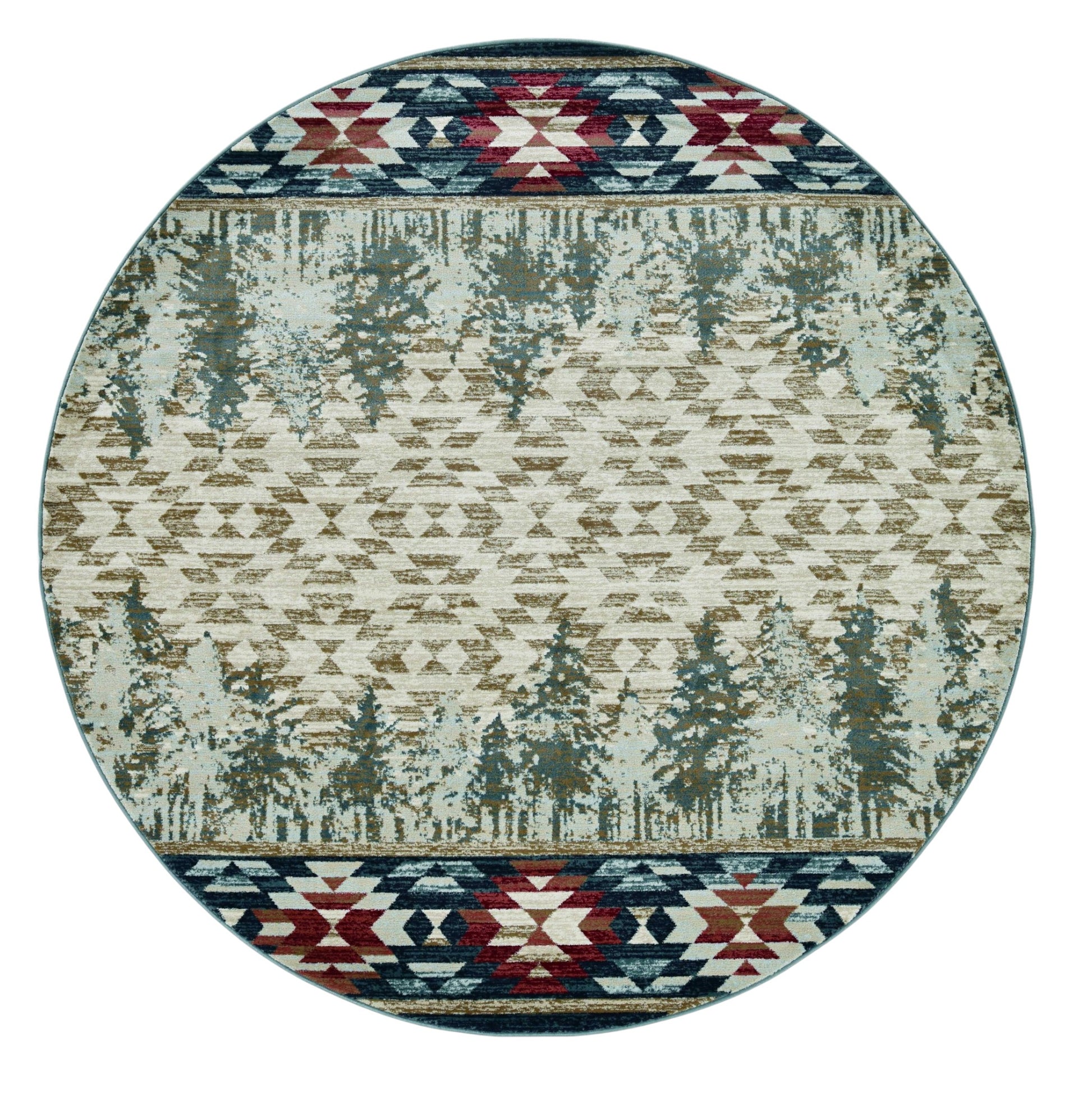 8' Ivory Green And Red Southwestern Round Rug-Area Rugs-DECOROLALA