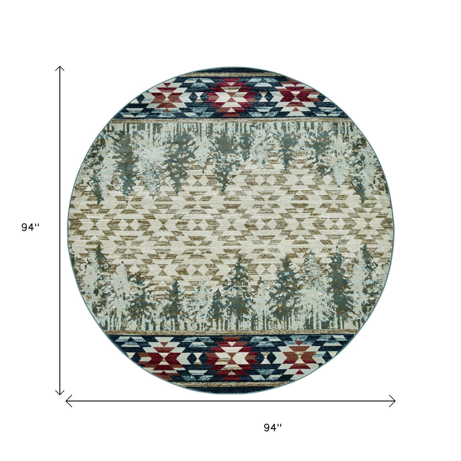 8' Ivory Green And Red Southwestern Round Rug-Area Rugs-DECOROLALA