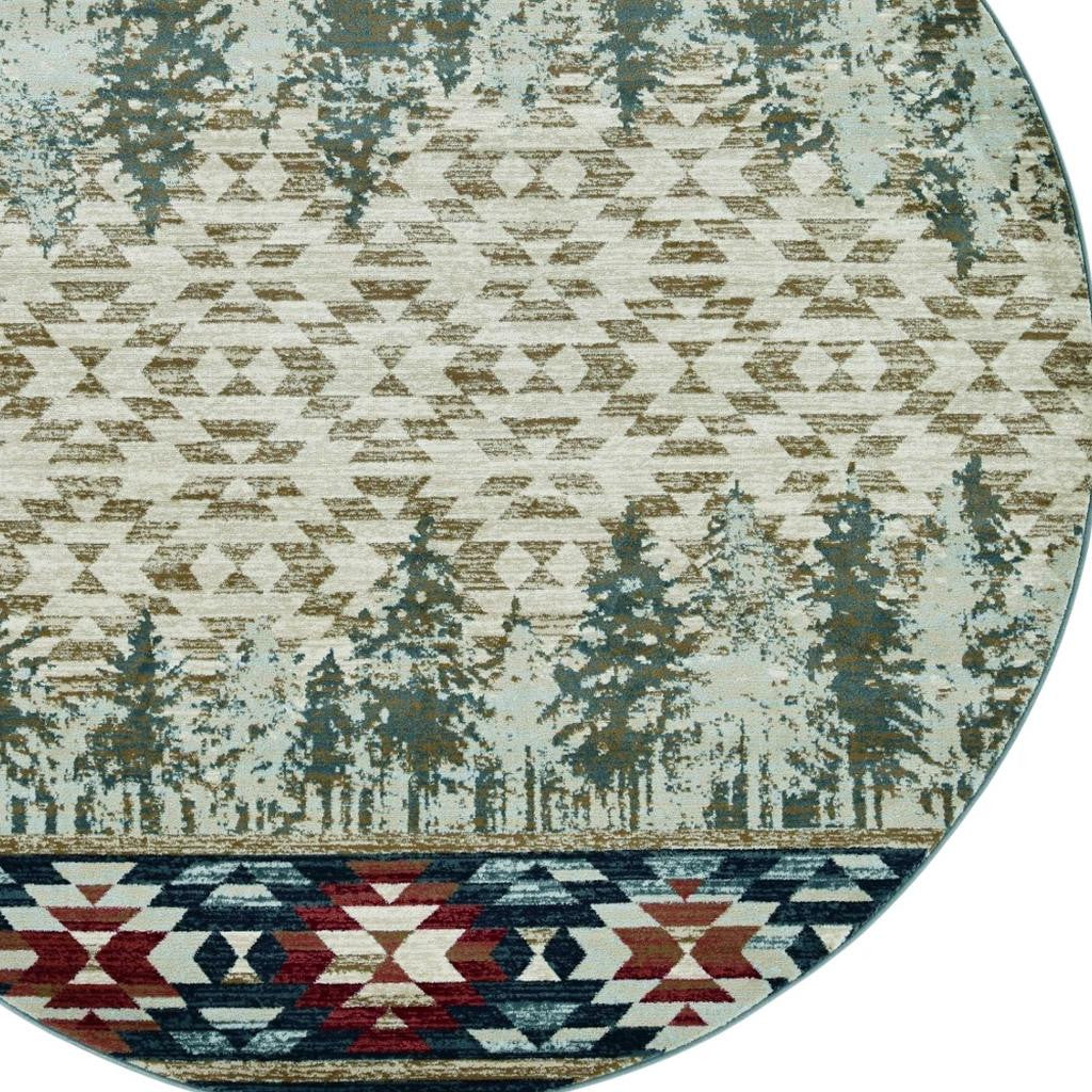 8' Ivory Green And Red Southwestern Round Rug-Area Rugs-DECOROLALA