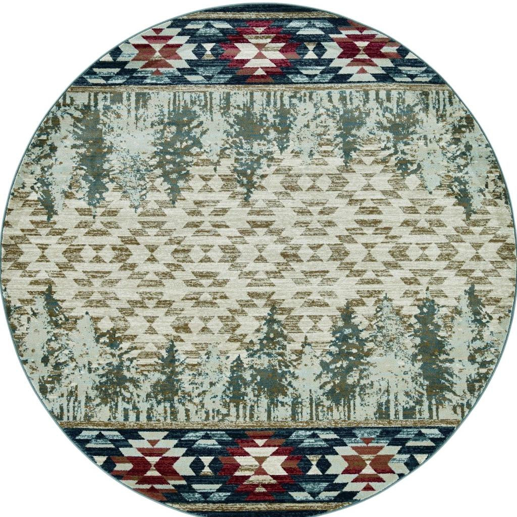 8' Ivory Green And Red Southwestern Round Rug-Area Rugs-DECOROLALA