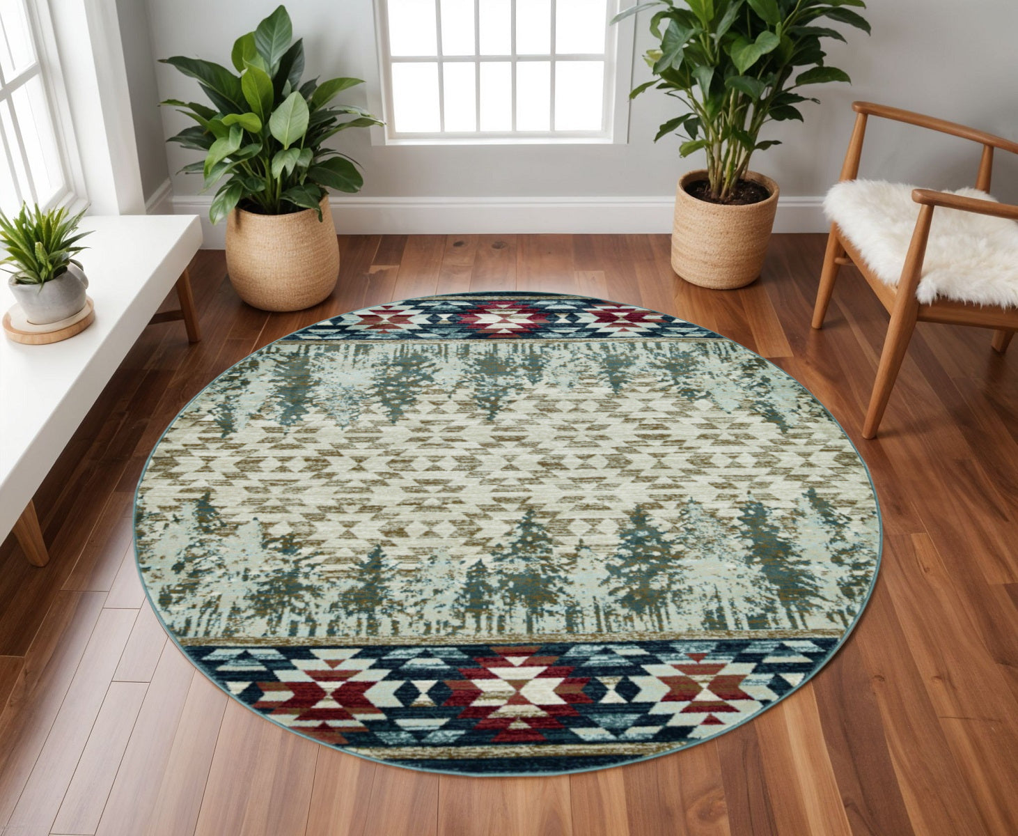 8' Ivory Green And Red Southwestern Round Rug-Area Rugs-DECOROLALA