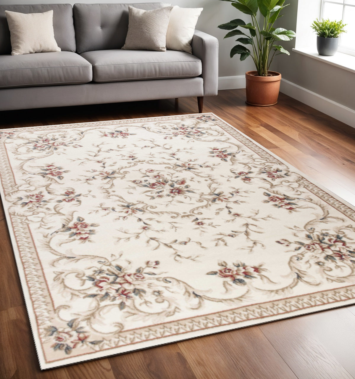 8' Ivory Red And Green Floral Medallion Round Rug-Area Rugs-DECOROLALA