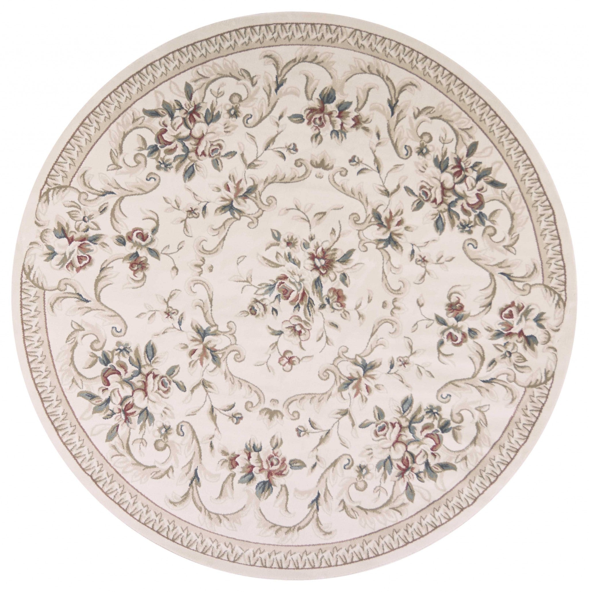 8' Ivory Red And Green Floral Medallion Round Rug-Area Rugs-DECOROLALA
