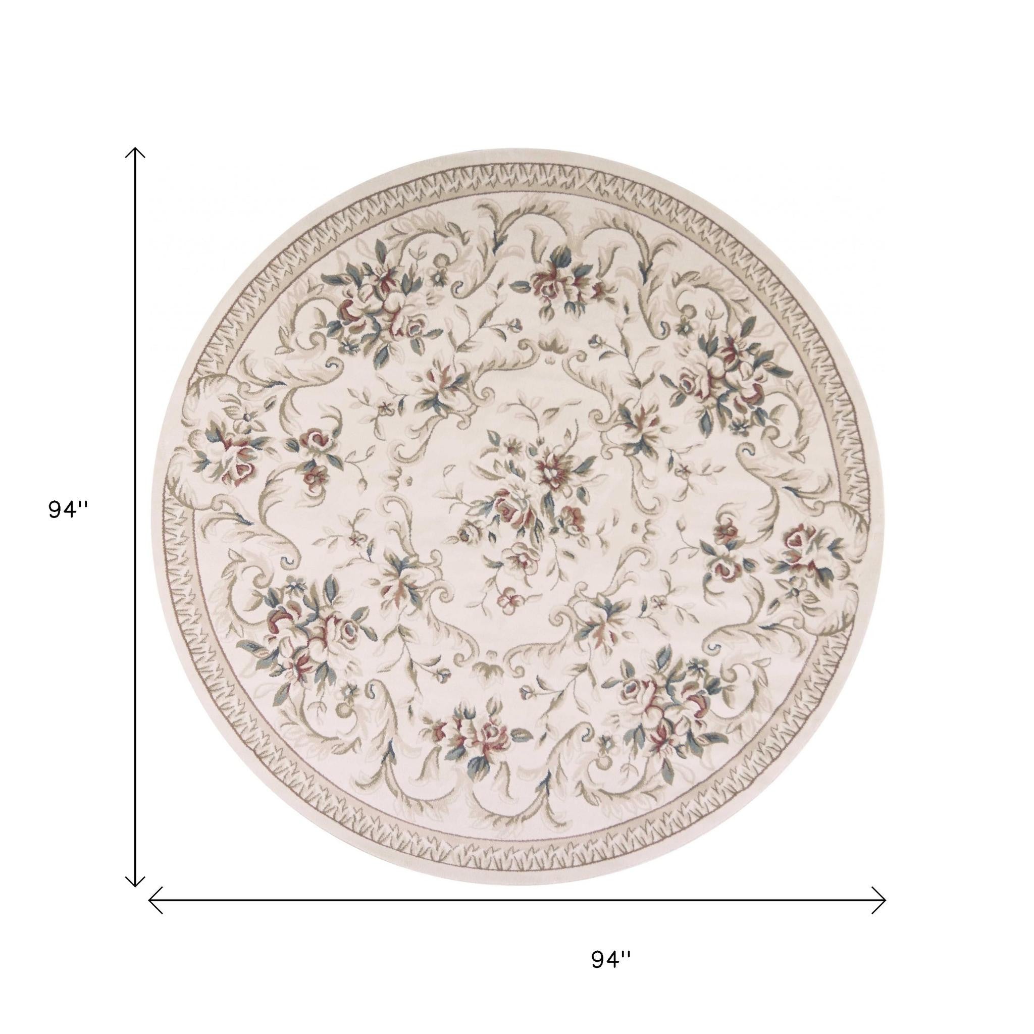 8' Ivory Red And Green Floral Medallion Round Rug-Area Rugs-DECOROLALA
