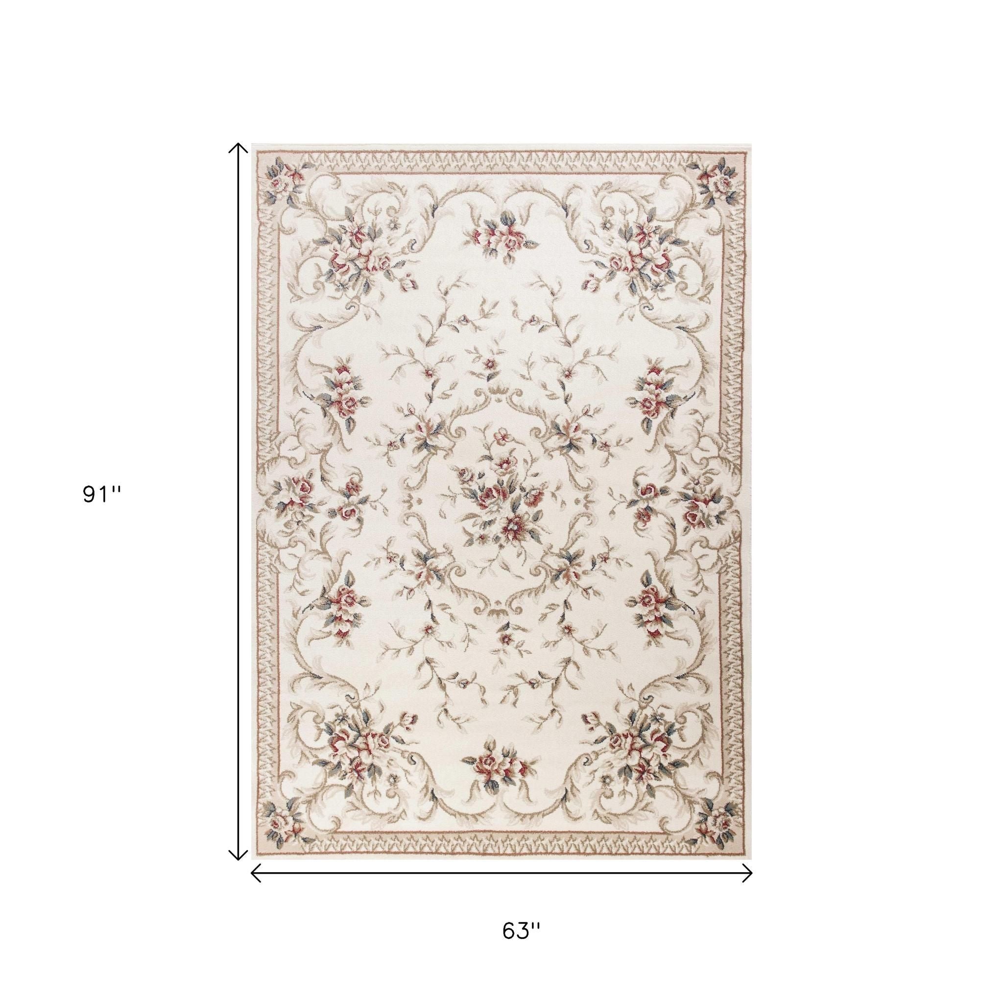 8' Ivory Red And Green Floral Medallion Round Rug-Area Rugs-DECOROLALA