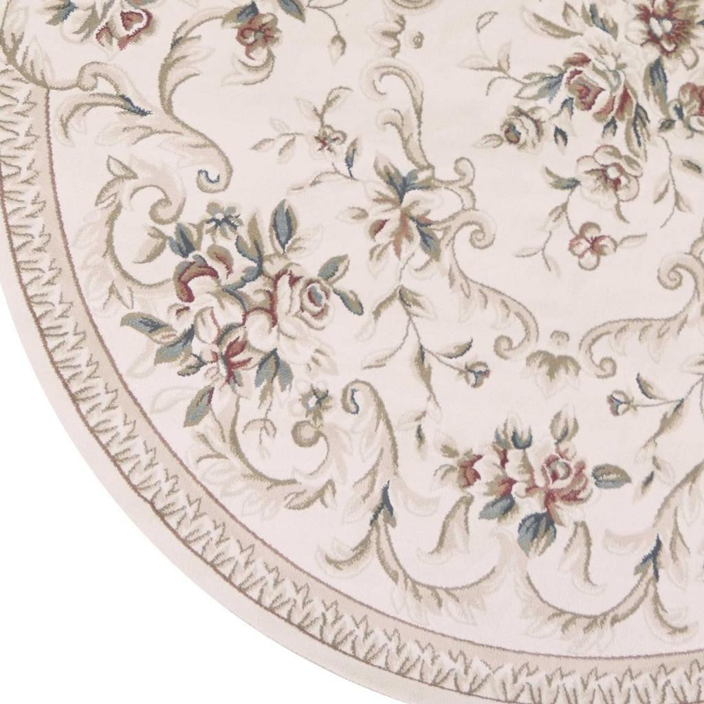 8' Ivory Red And Green Floral Medallion Round Rug-Area Rugs-DECOROLALA