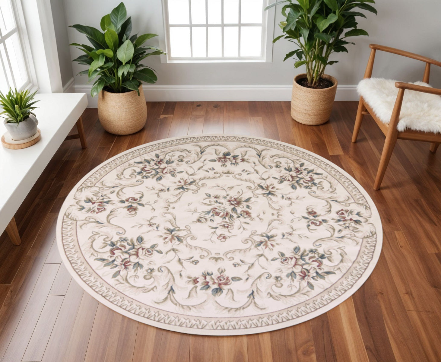 8' Ivory Red And Green Floral Medallion Round Rug-Area Rugs-DECOROLALA