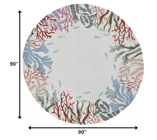 8' Ivory Red And Pink Fish and Coral Hand Hooked Round Rug-Area Rugs-DECOROLALA