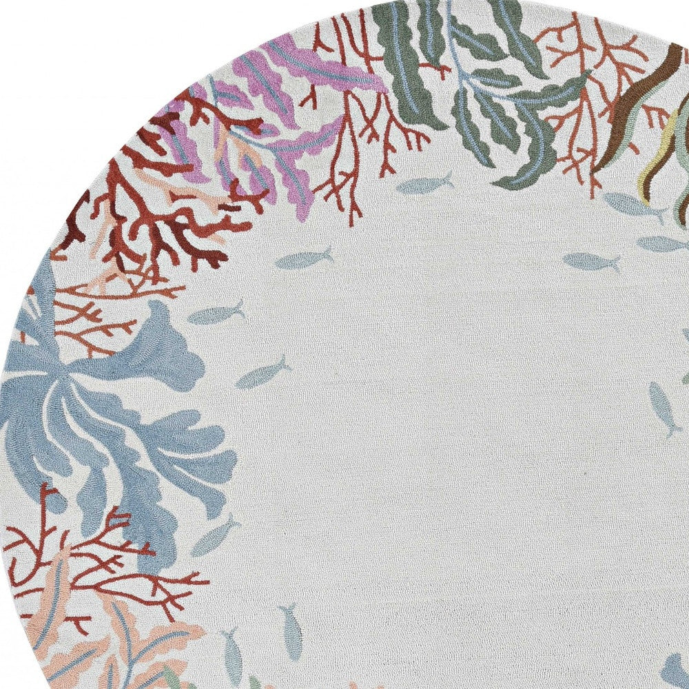 8' Ivory Red And Pink Fish and Coral Hand Hooked Round Rug-Area Rugs-DECOROLALA