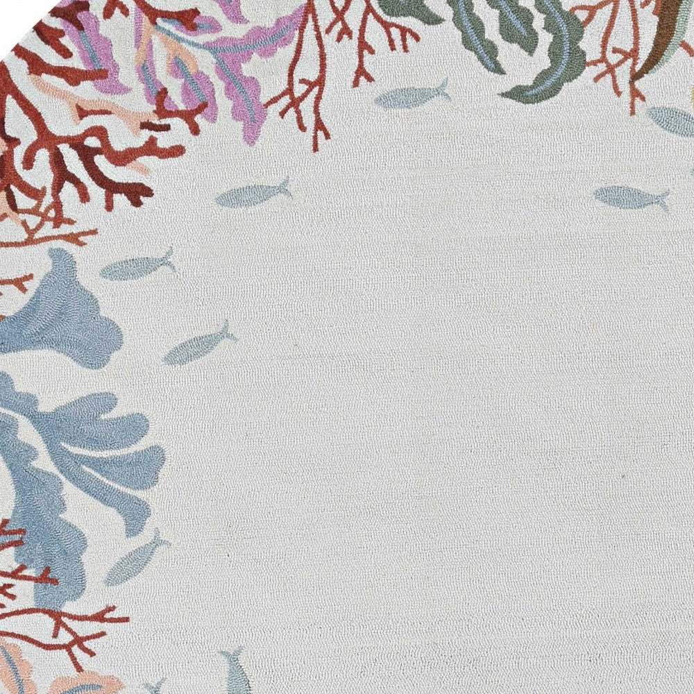 8' Ivory Red And Pink Fish and Coral Hand Hooked Round Rug-Area Rugs-DECOROLALA