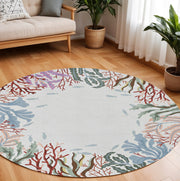 8' Ivory Red And Pink Fish and Coral Hand Hooked Round Rug-Area Rugs-DECOROLALA