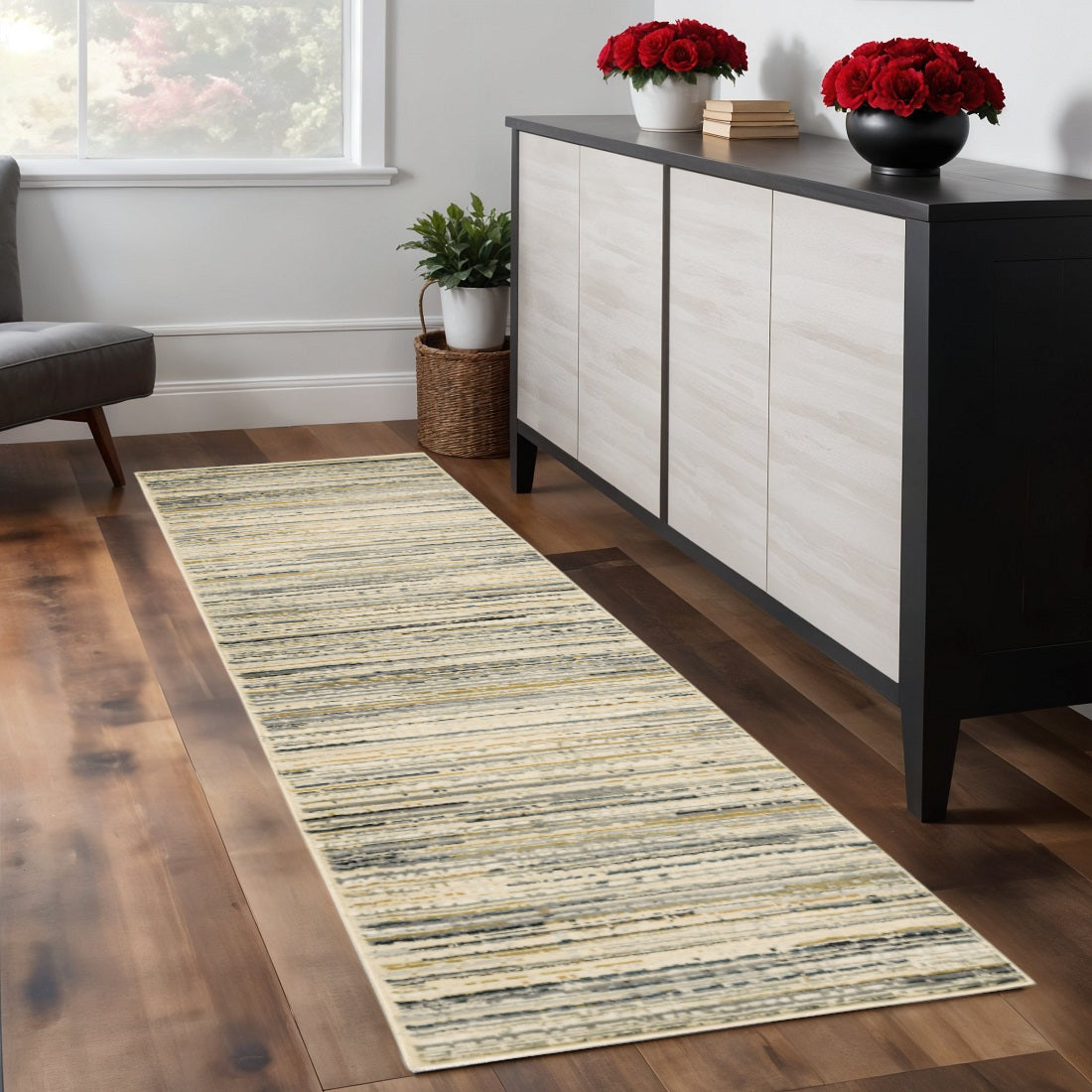 8' Ivory Sage Abtract Lines Indoor Runner Rug-Area Rugs-DECOROLALA