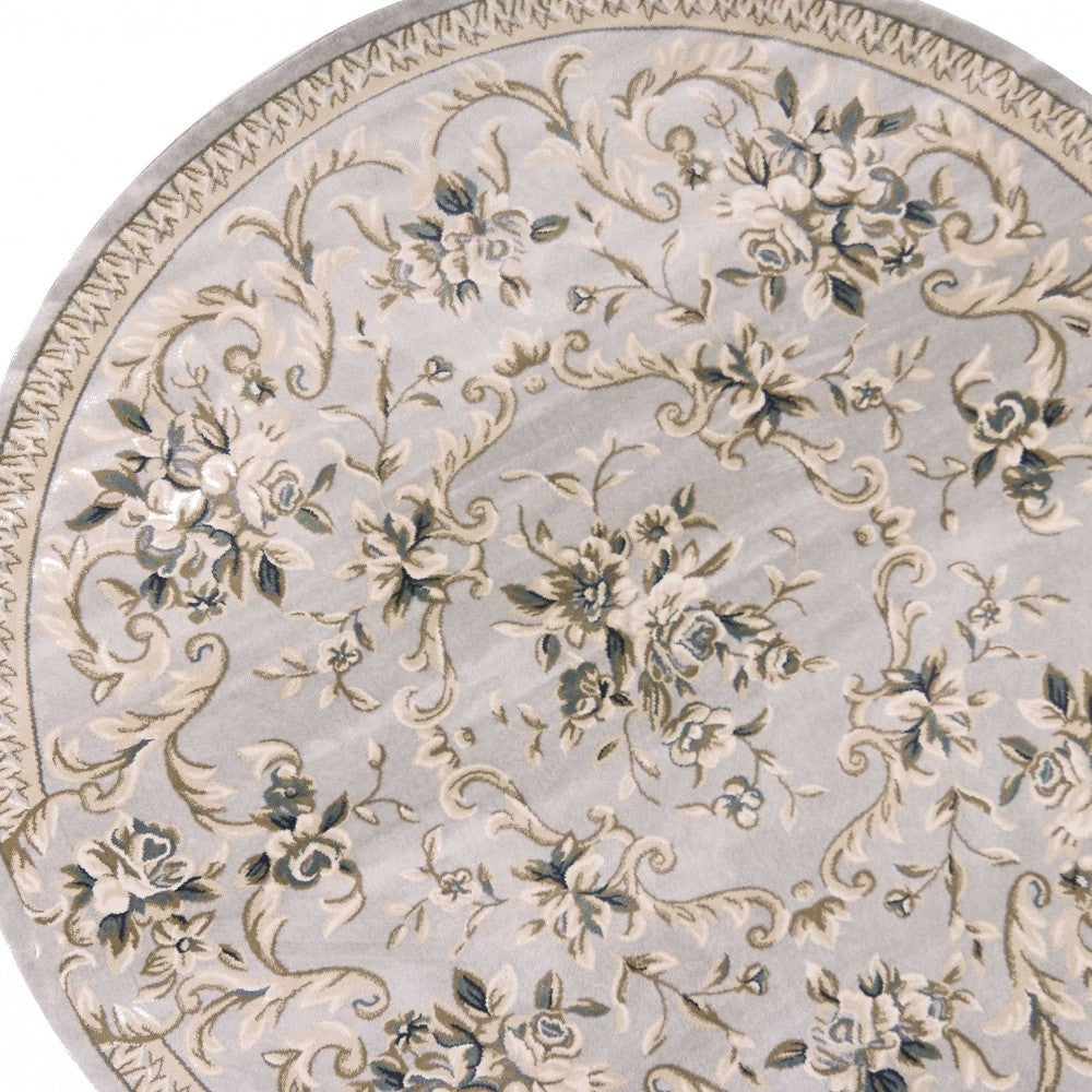 8' Light Gray Green And Tan Floral Medallion Round Rug-Area Rugs-DECOROLALA