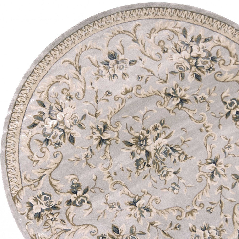 8' Light Gray Green And Tan Floral Medallion Round Rug-Area Rugs-DECOROLALA