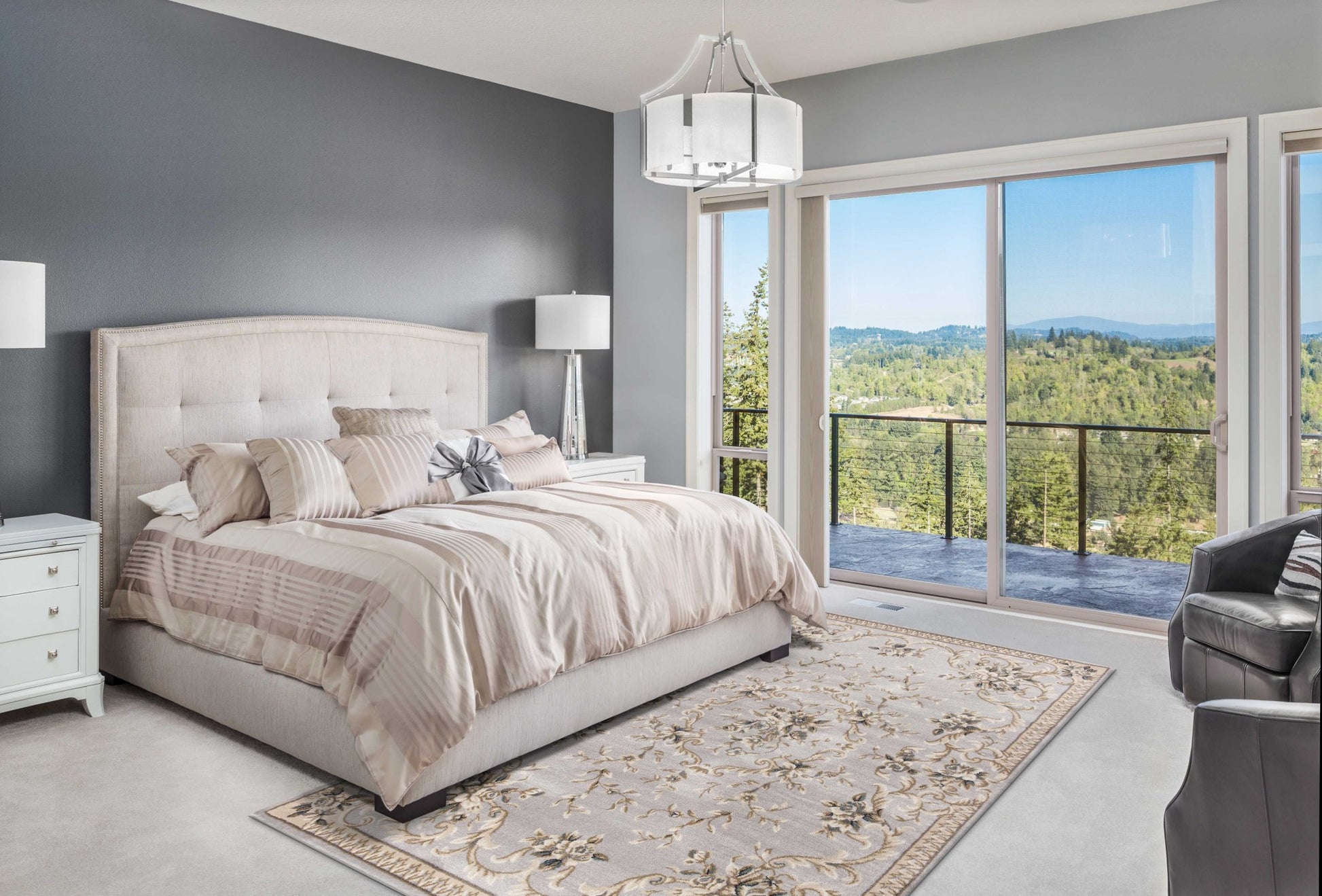 8' Light Gray Green And Tan Floral Medallion Round Rug-Area Rugs-DECOROLALA