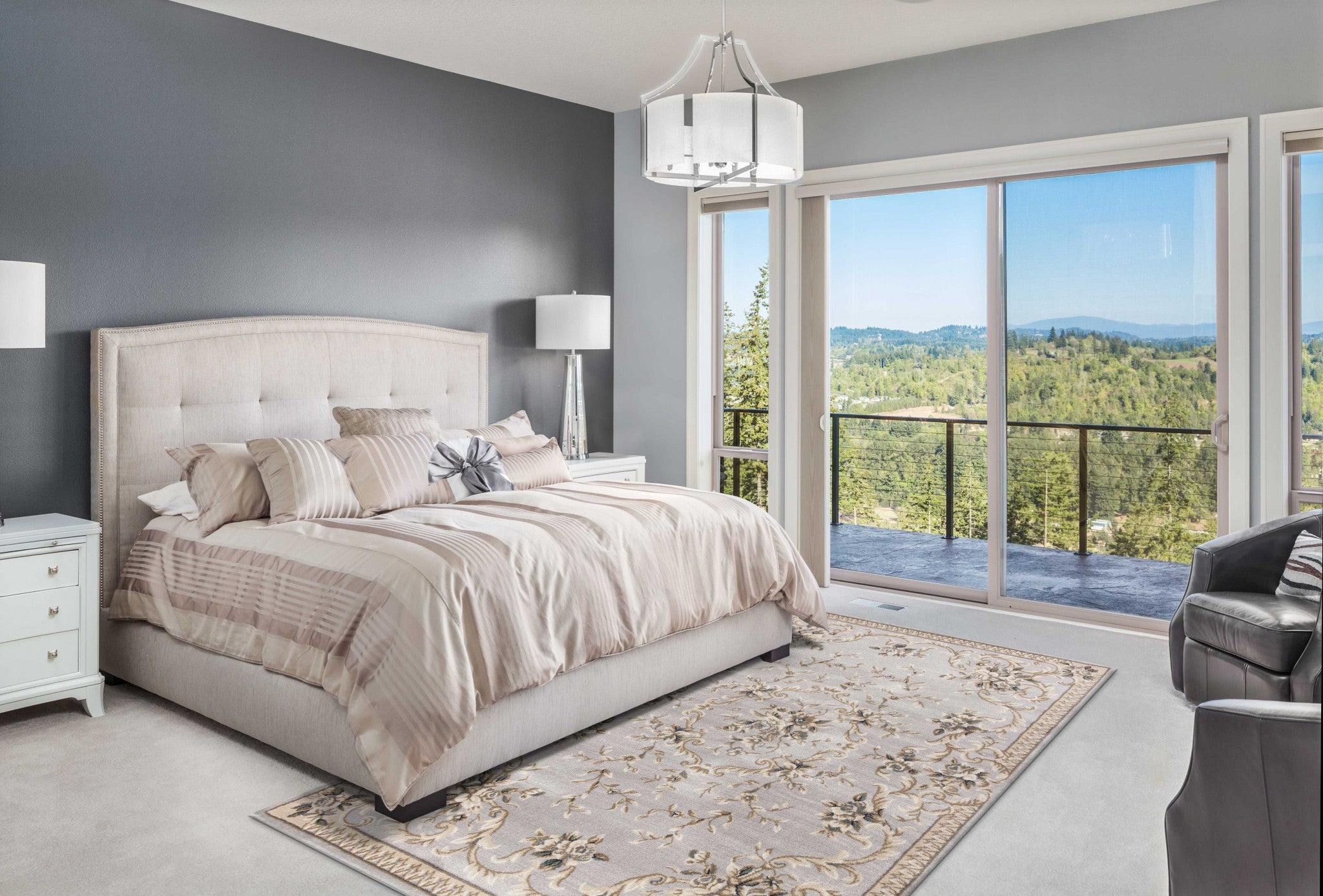 8' Light Gray Green And Tan Floral Medallion Round Rug-Area Rugs-DECOROLALA