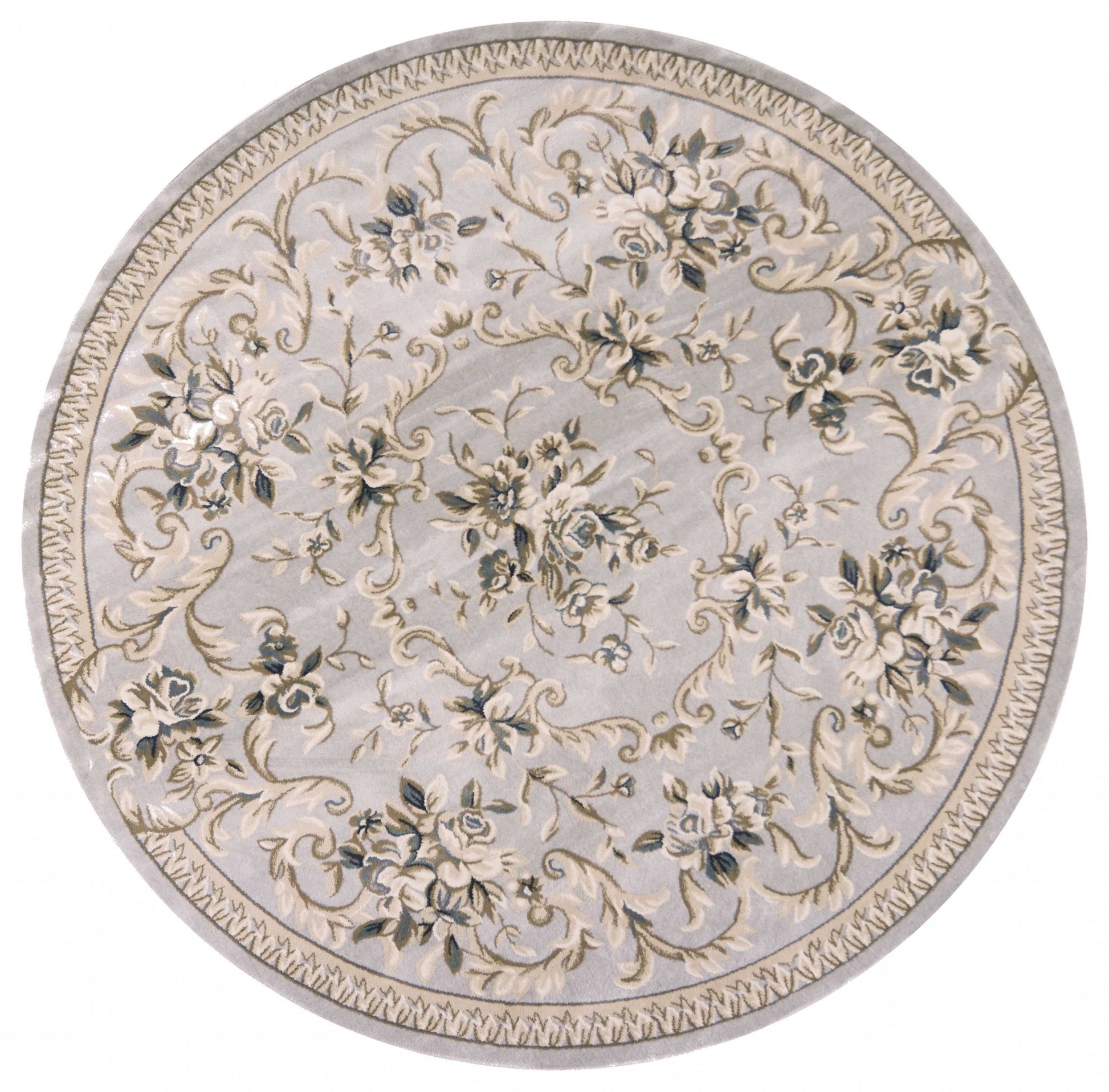 8' Light Gray Green And Tan Floral Medallion Round Rug-Area Rugs-DECOROLALA