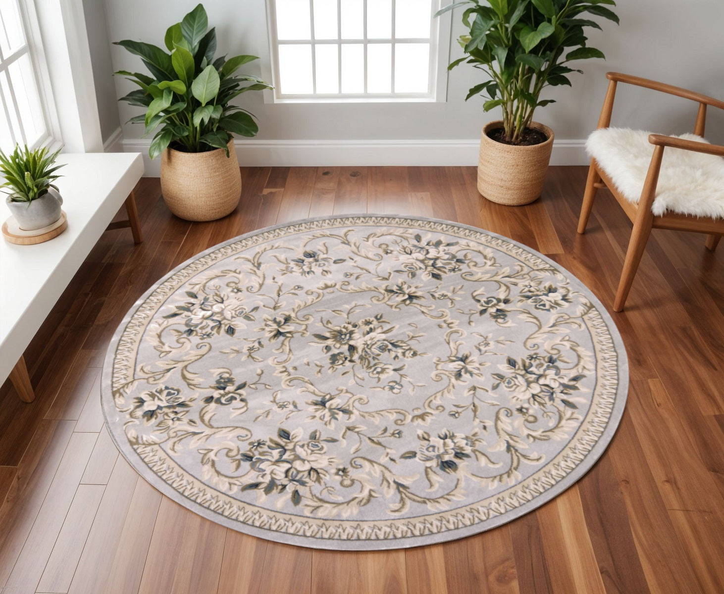 8' Light Gray Green And Tan Floral Medallion Round Rug-Area Rugs-DECOROLALA