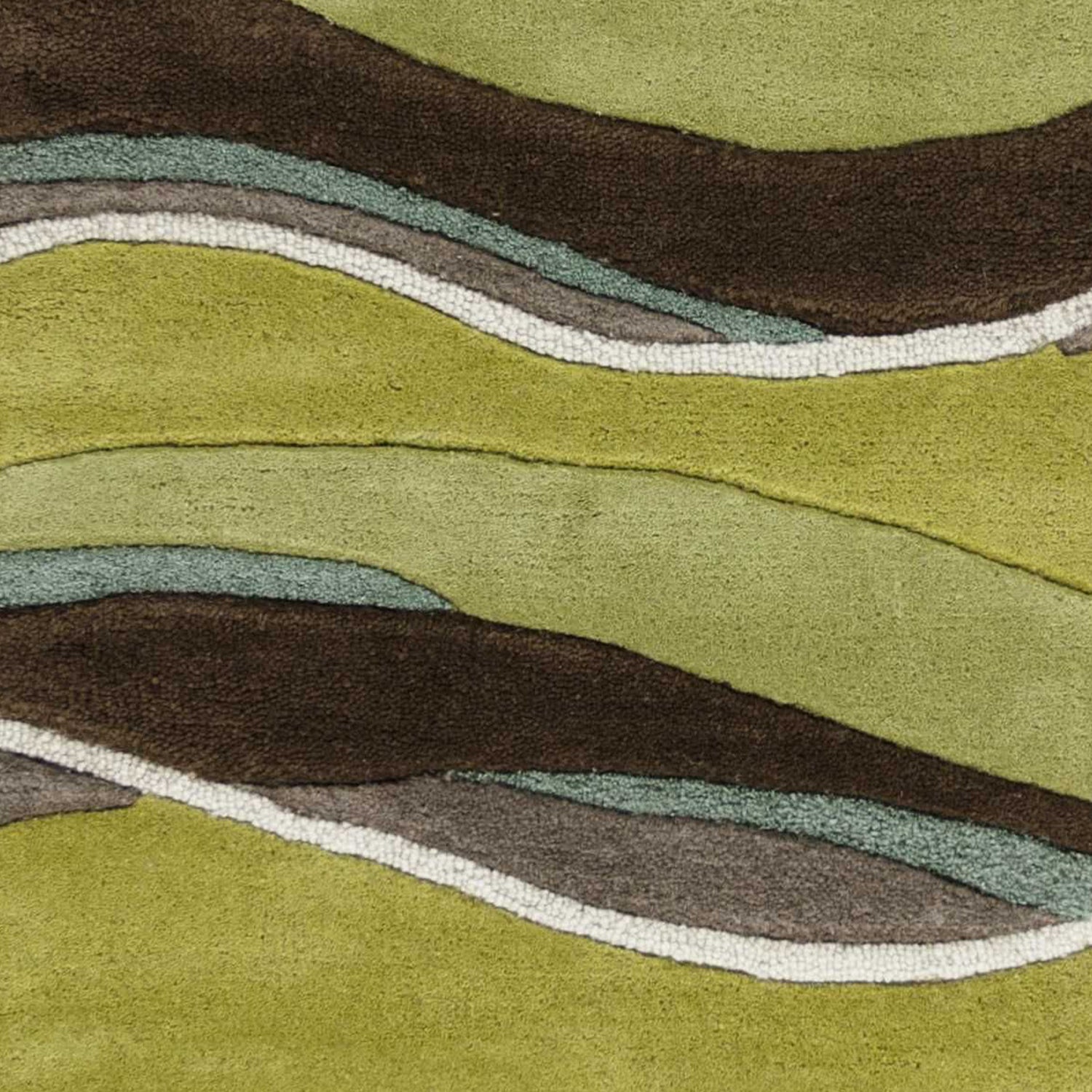 8' Lime Green Brown And Blue Wool Abstract Hand Tufted Runner Rug-Area Rugs-DECOROLALA