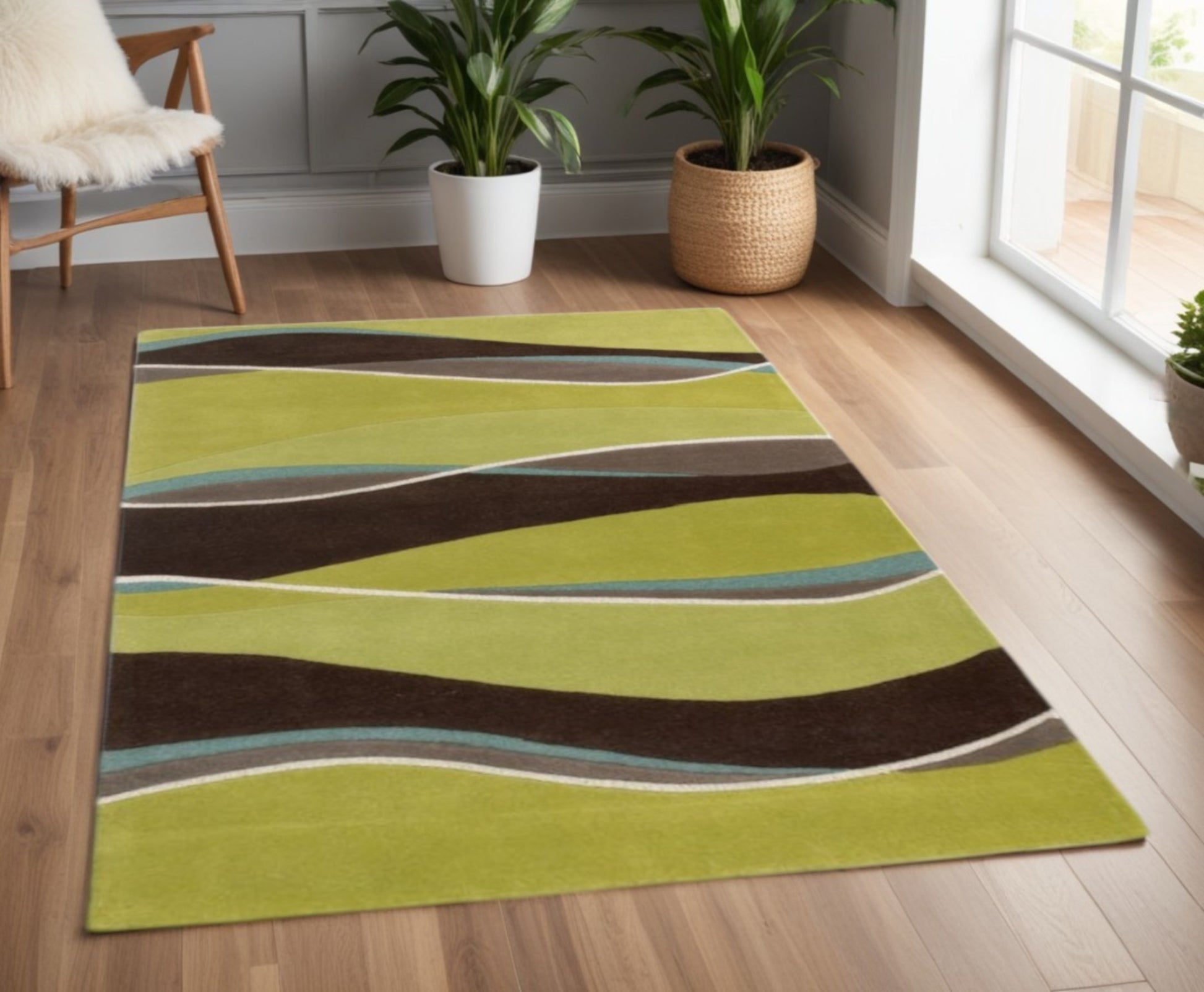 8' Lime Green Brown And Blue Wool Abstract Hand Tufted Runner Rug-Area Rugs-DECOROLALA