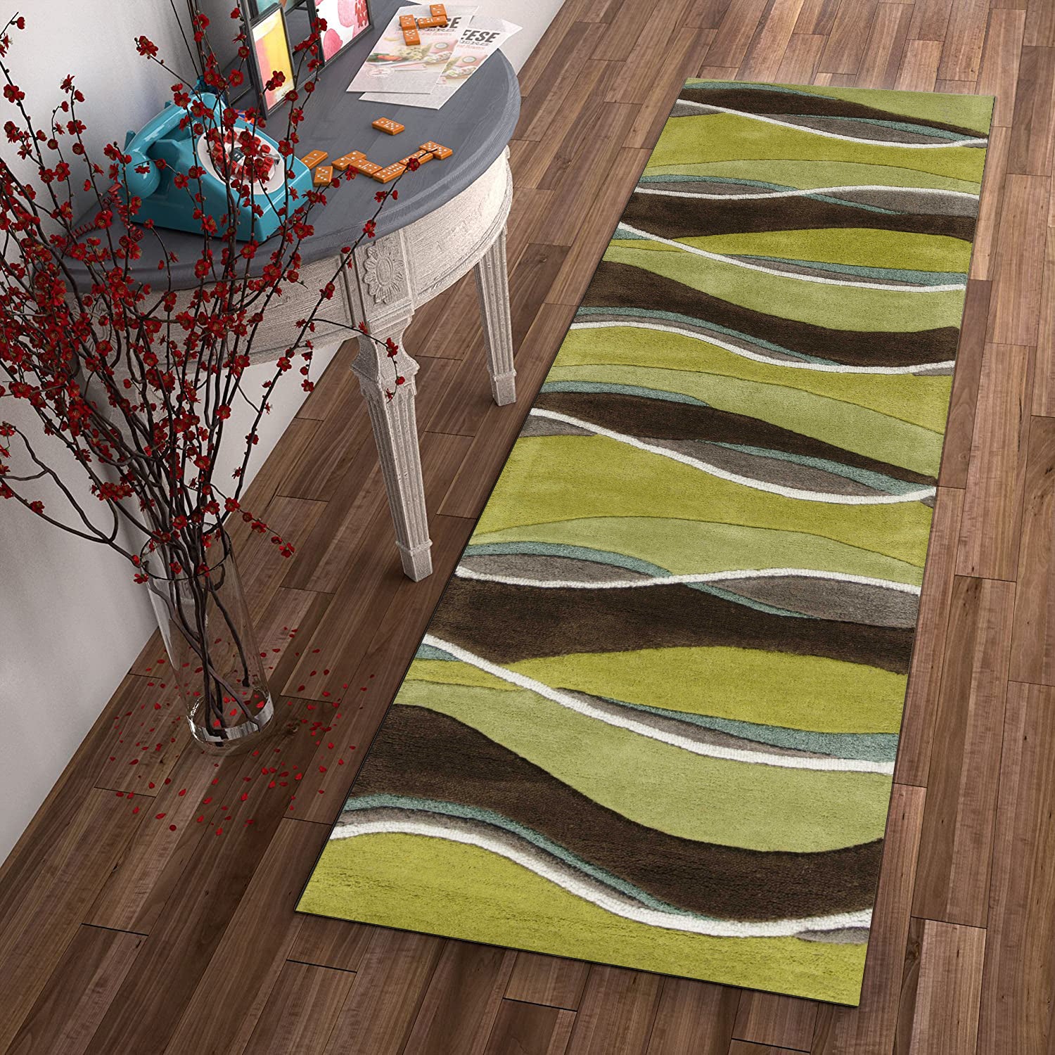 8' Lime Green Brown And Blue Wool Abstract Hand Tufted Runner Rug-Area Rugs-DECOROLALA