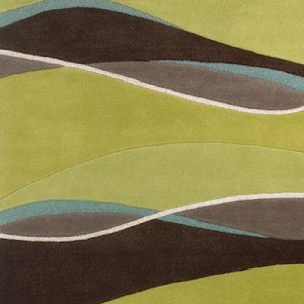 8' Lime Green Brown And Blue Wool Abstract Hand Tufted Runner Rug-Area Rugs-DECOROLALA
