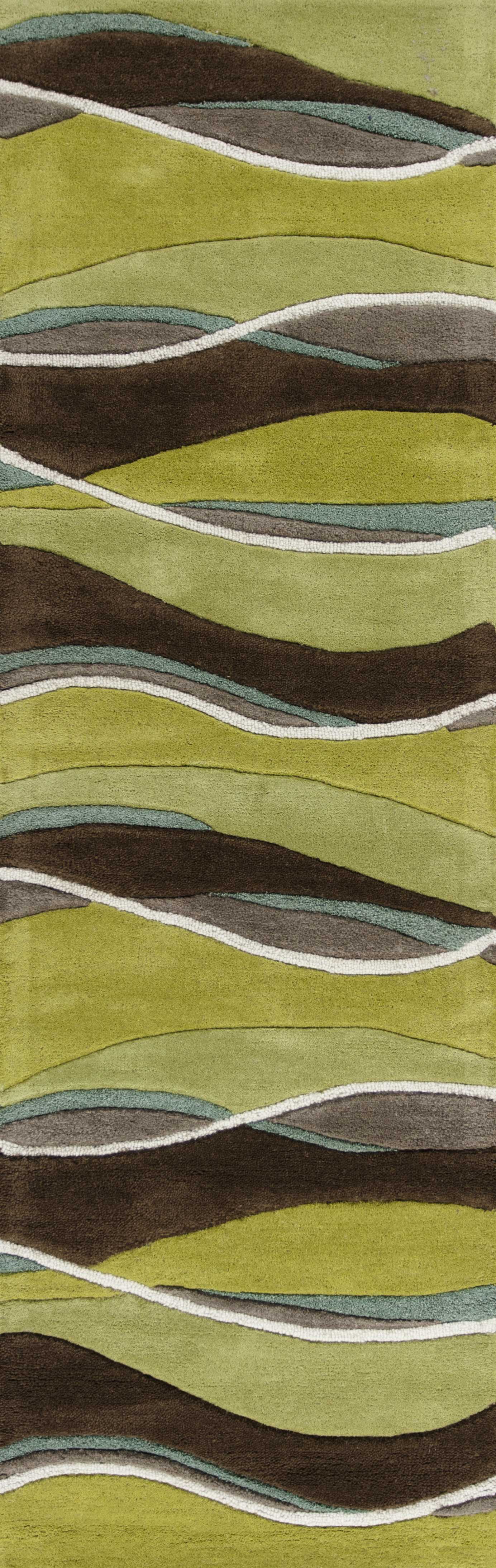 8' Lime Green Brown And Blue Wool Abstract Hand Tufted Runner Rug-Area Rugs-DECOROLALA