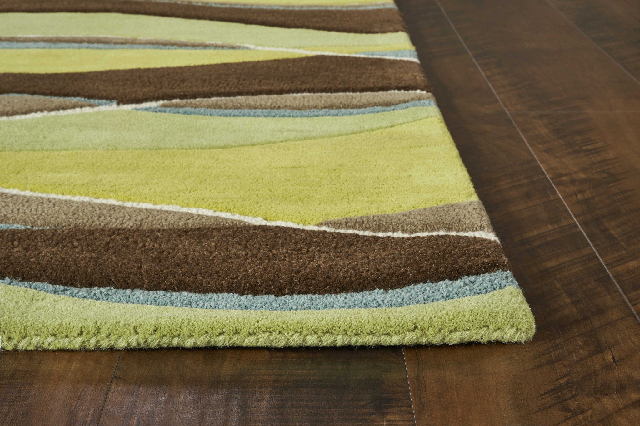 8' Lime Green Brown And Blue Wool Abstract Hand Tufted Runner Rug-Area Rugs-DECOROLALA