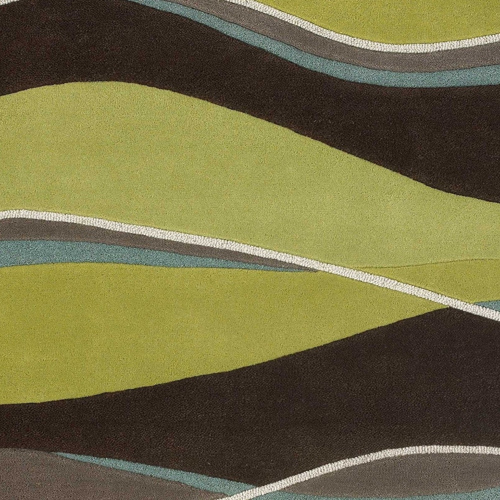 8' Lime Green Brown And Blue Wool Abstract Hand Tufted Runner Rug-Area Rugs-DECOROLALA