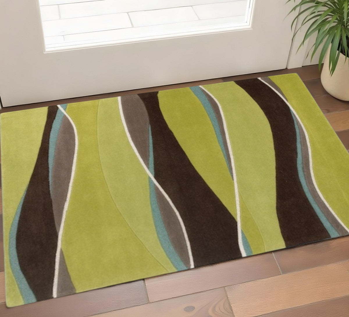 8' Lime Green Brown And Blue Wool Abstract Hand Tufted Runner Rug-Area Rugs-DECOROLALA