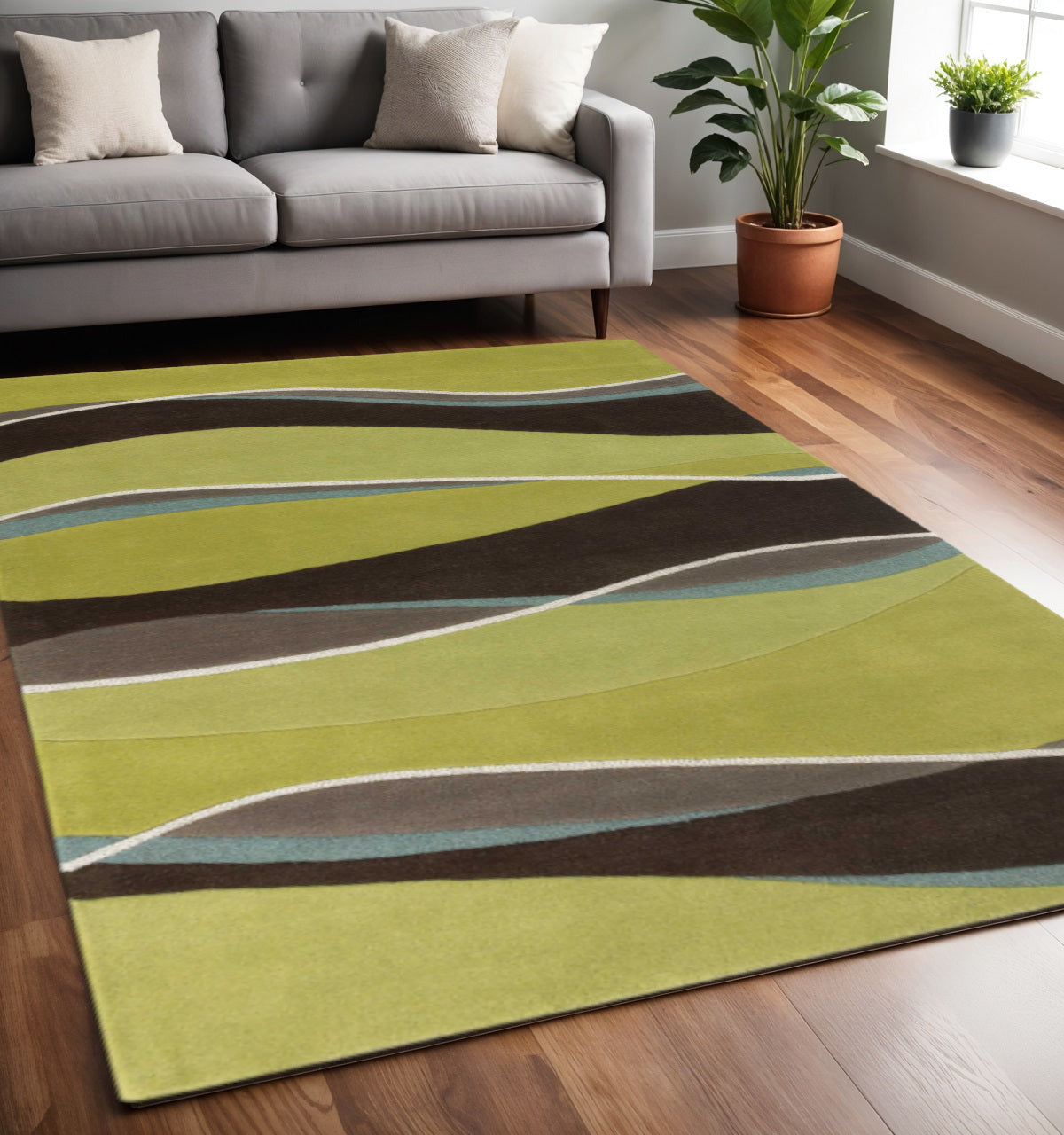 8' Lime Green Brown And Blue Wool Abstract Hand Tufted Runner Rug-Area Rugs-DECOROLALA
