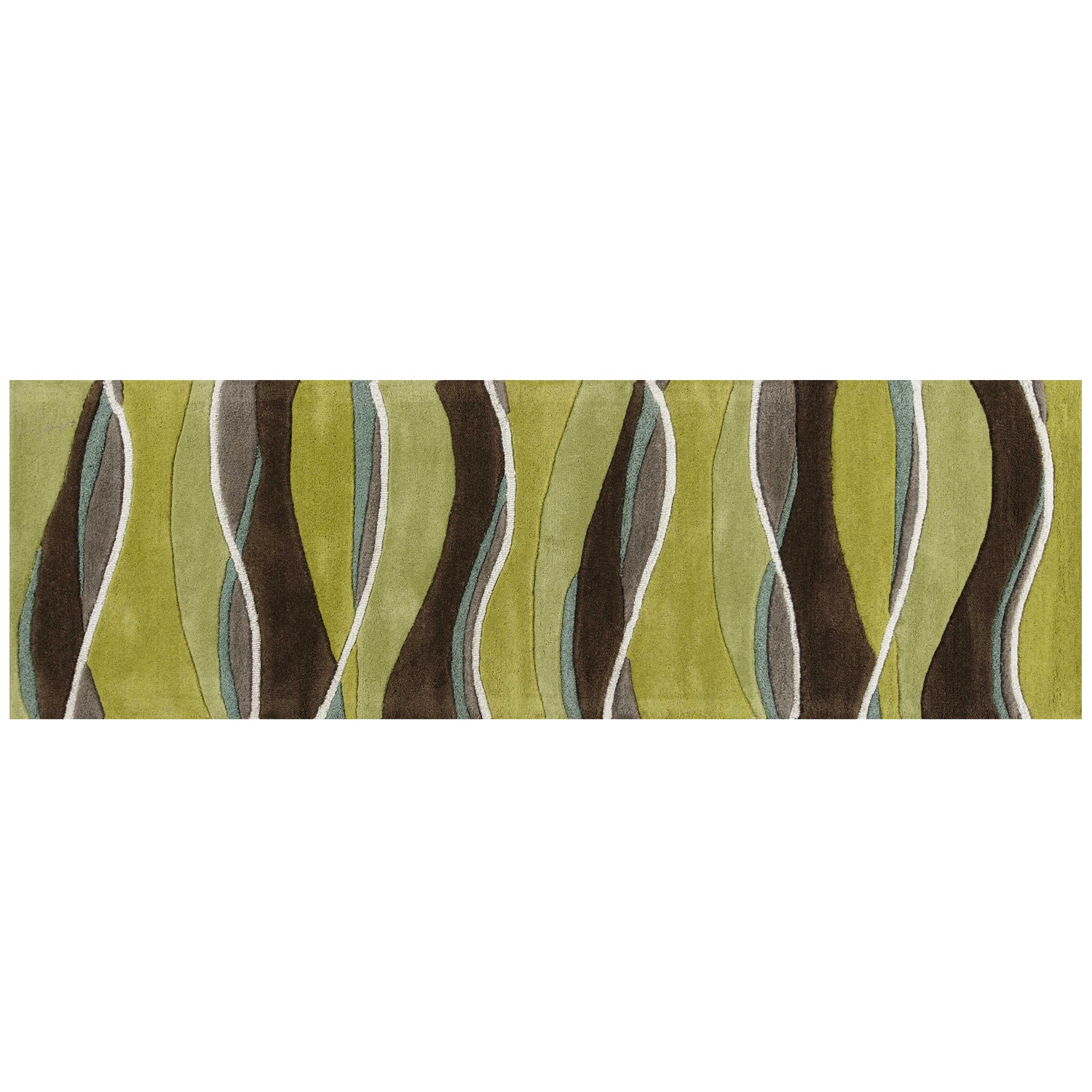 8' Lime Green Brown And Blue Wool Abstract Hand Tufted Runner Rug-Area Rugs-DECOROLALA