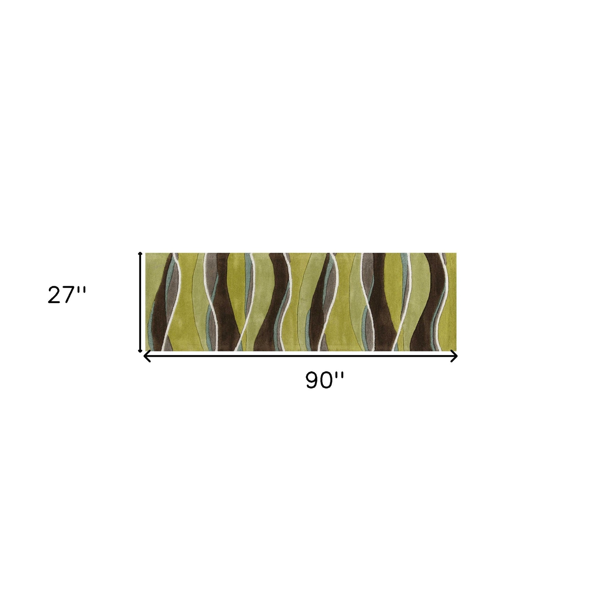 8' Lime Green Brown And Blue Wool Abstract Hand Tufted Runner Rug-Area Rugs-DECOROLALA