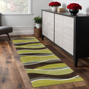 8' Lime Green Brown And Blue Wool Abstract Hand Tufted Runner Rug-Area Rugs-DECOROLALA