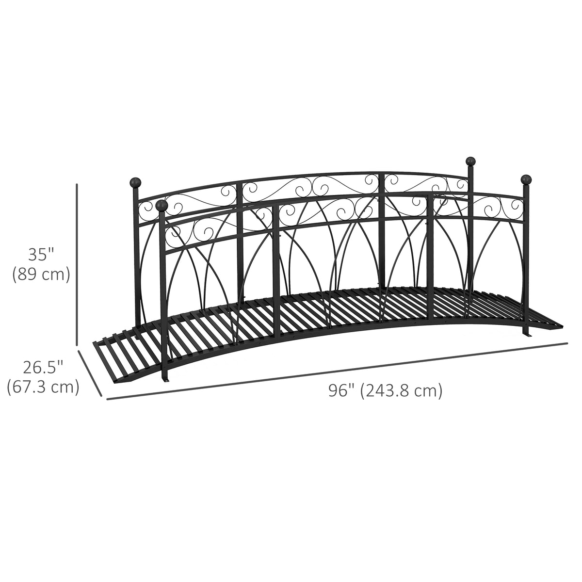 8' Metal Arch Garden Bridge Arc Footbridge with Guardrails and Decorative Scrollwork, Black-Garden Bridges-DECOROLALA