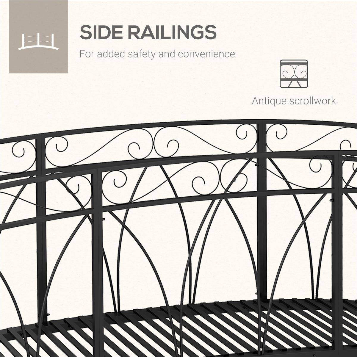 8' Metal Arch Garden Bridge Arc Footbridge with Guardrails and Decorative Scrollwork, Black-Garden Bridges-DECOROLALA