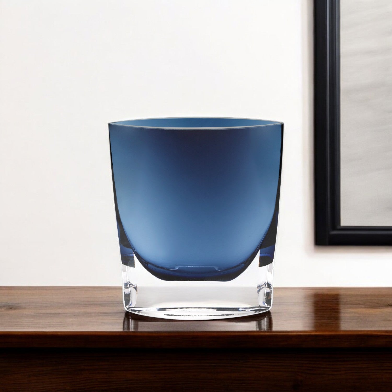 8" Midnight Blue And Clear Oval Crystal Glass Table Vase-Vases-DECOROLALA