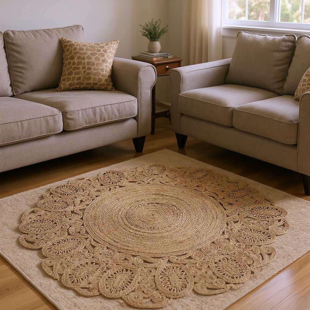 8' Natural Jute Hand Braided Round Rug-Area Rugs-DECOROLALA