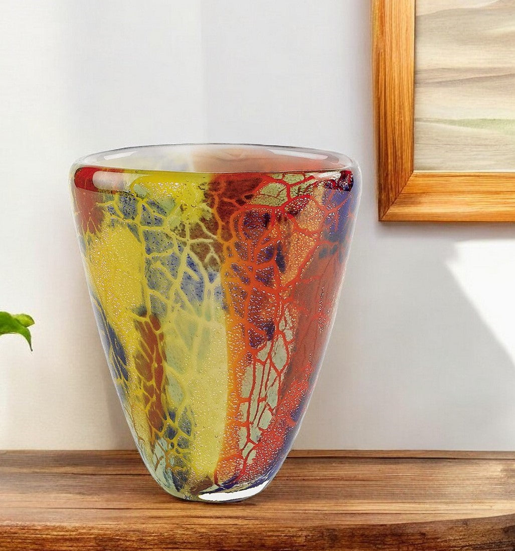 8" Orange Red and Yellow Murano Glass Abstract Oval Table Vase-Vases-DECOROLALA