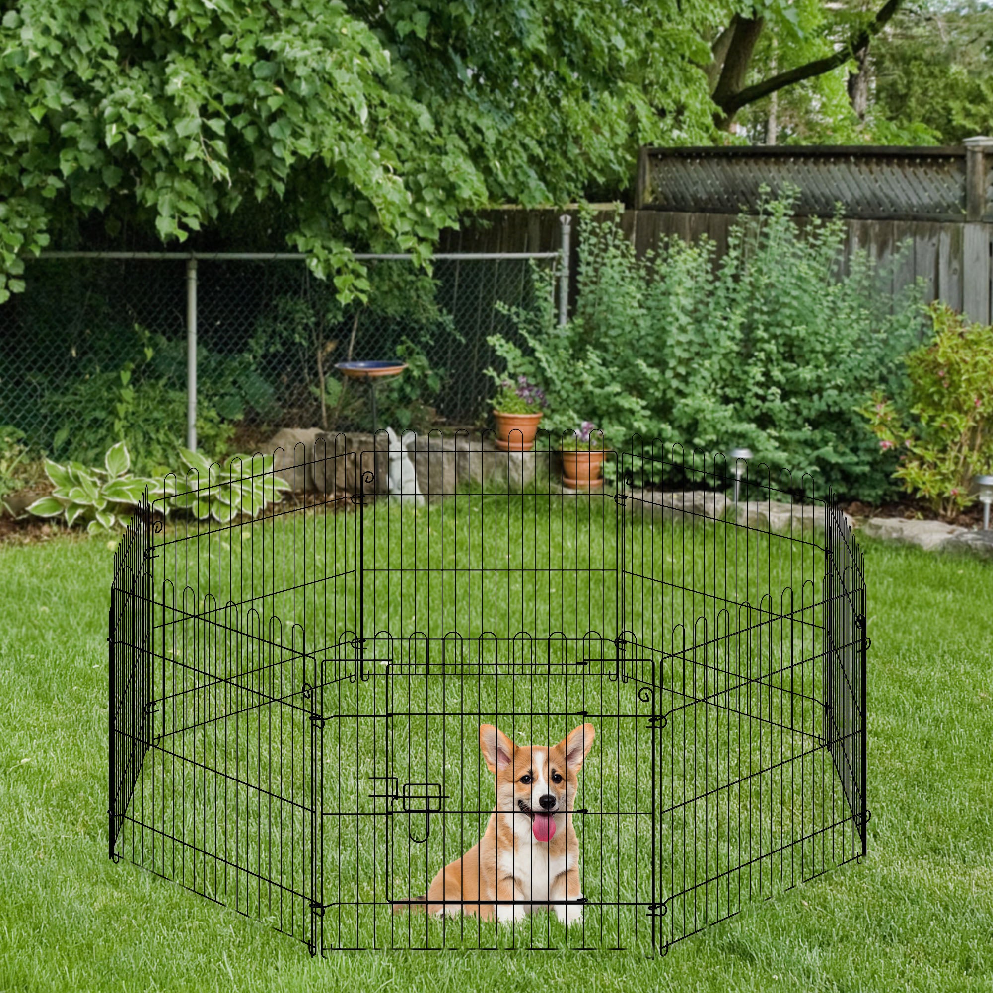 8-Panel Foldable Metal Pet Playpen - 24" Black Octagon Cage-Dogs-DECOROLALA
